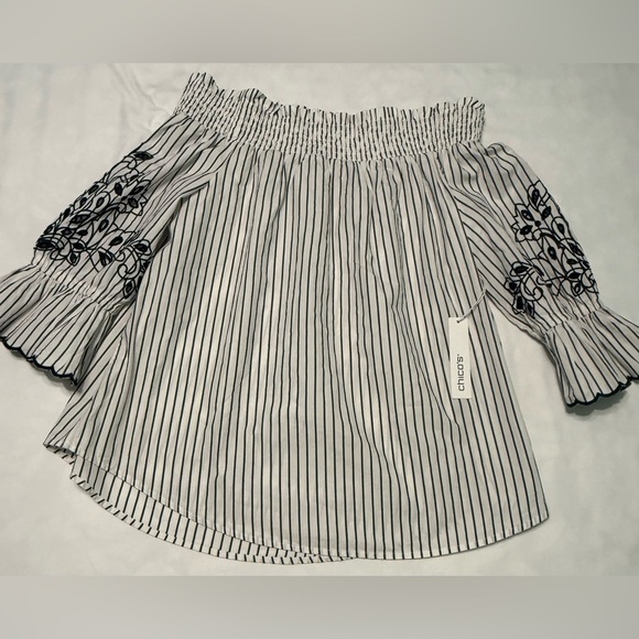 Chico’s Off-Shoulder Slim Stripe Poplin Tunic 3/4 sleeve size  25 US 14 NWT - Picture 1 of 4